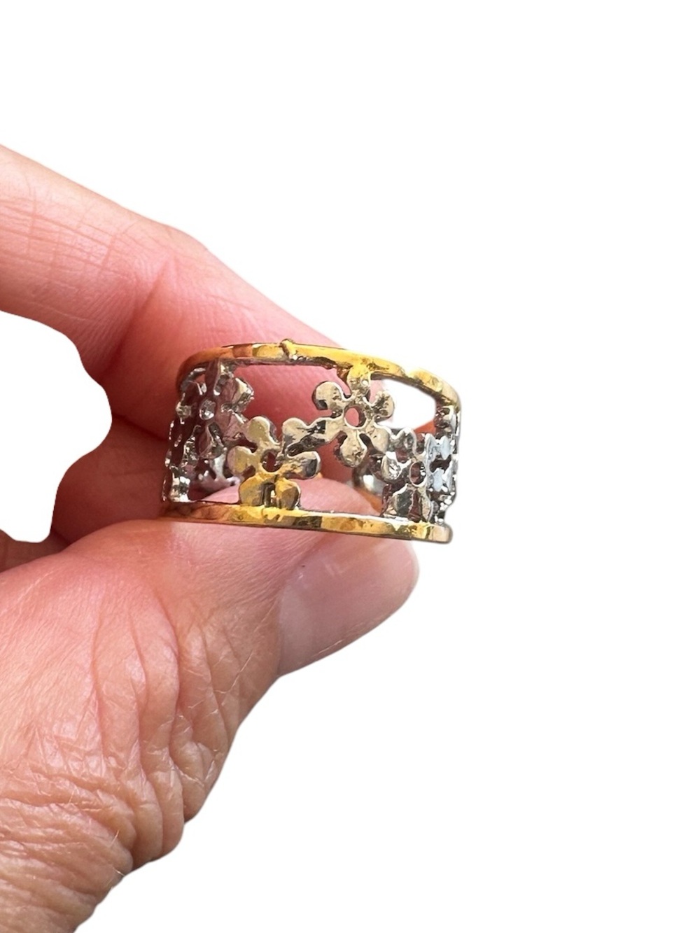 Boho Gold and Silver Daisy Flower Engraved Adjustable Cuff Ring